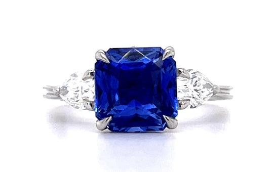 3.50ct Square-cut Sapphire PT Ring .71ct Pear-cut Diamond