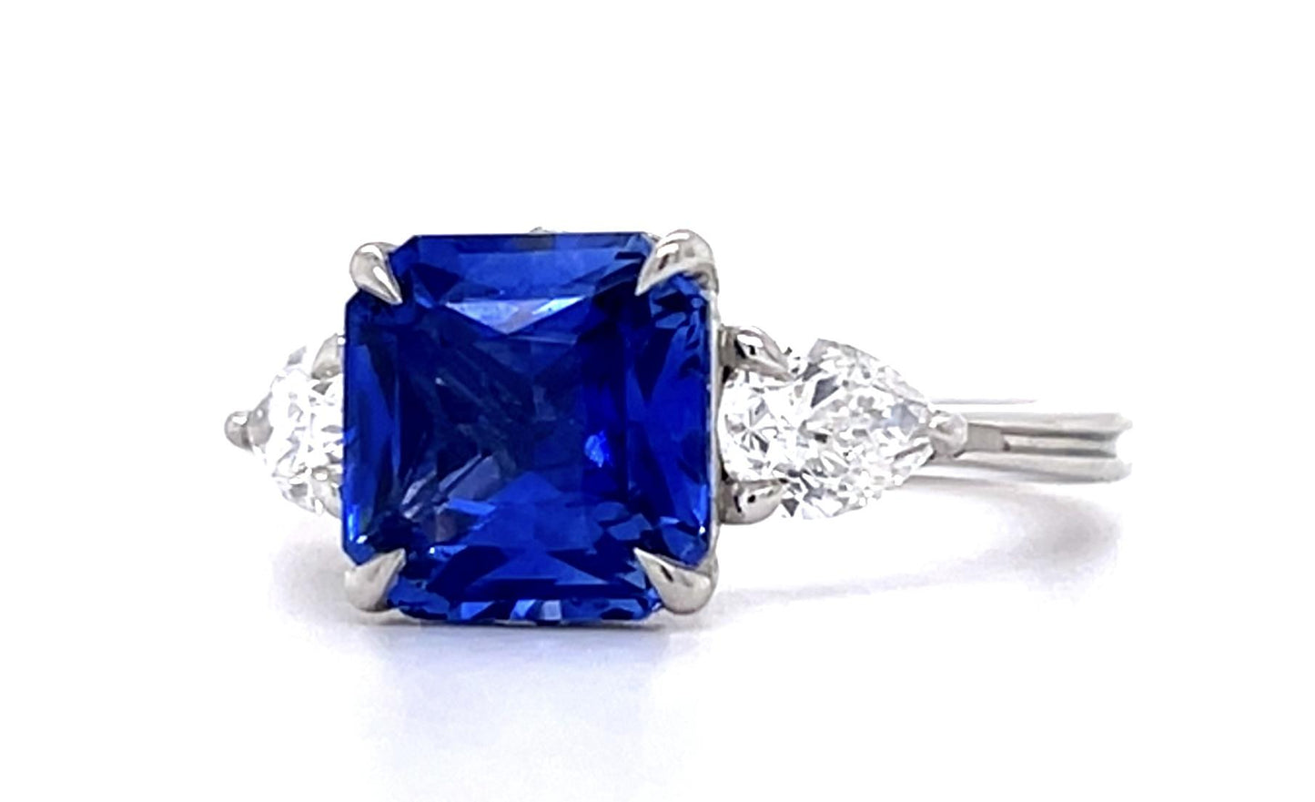 3.50ct Square-cut Sapphire PT Ring .71ct Pear-cut Diamond