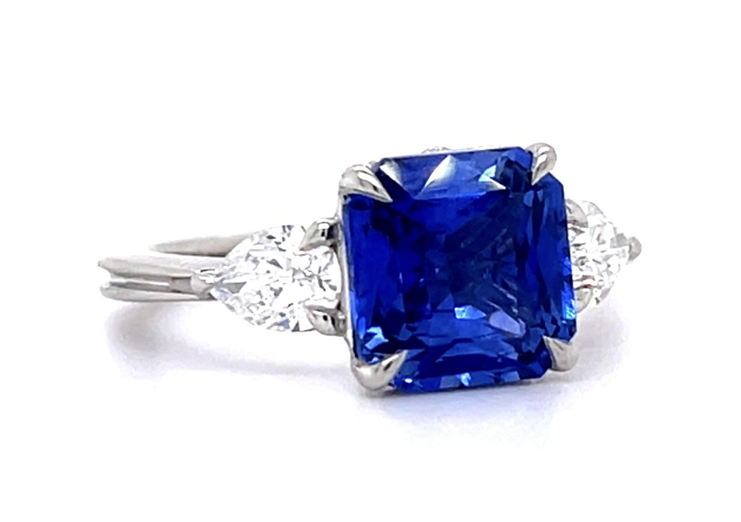 3.50ct Square-cut Sapphire PT Ring .71ct Pear-cut Diamond