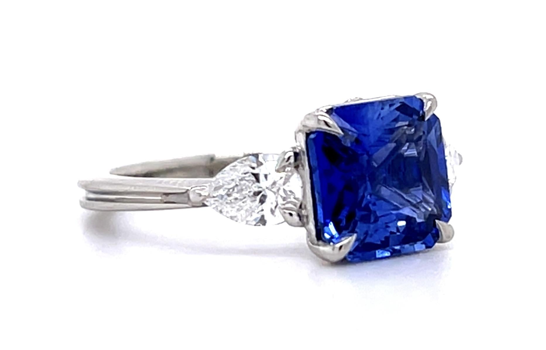 3.50ct Square-cut Sapphire PT Ring .71ct Pear-cut Diamond