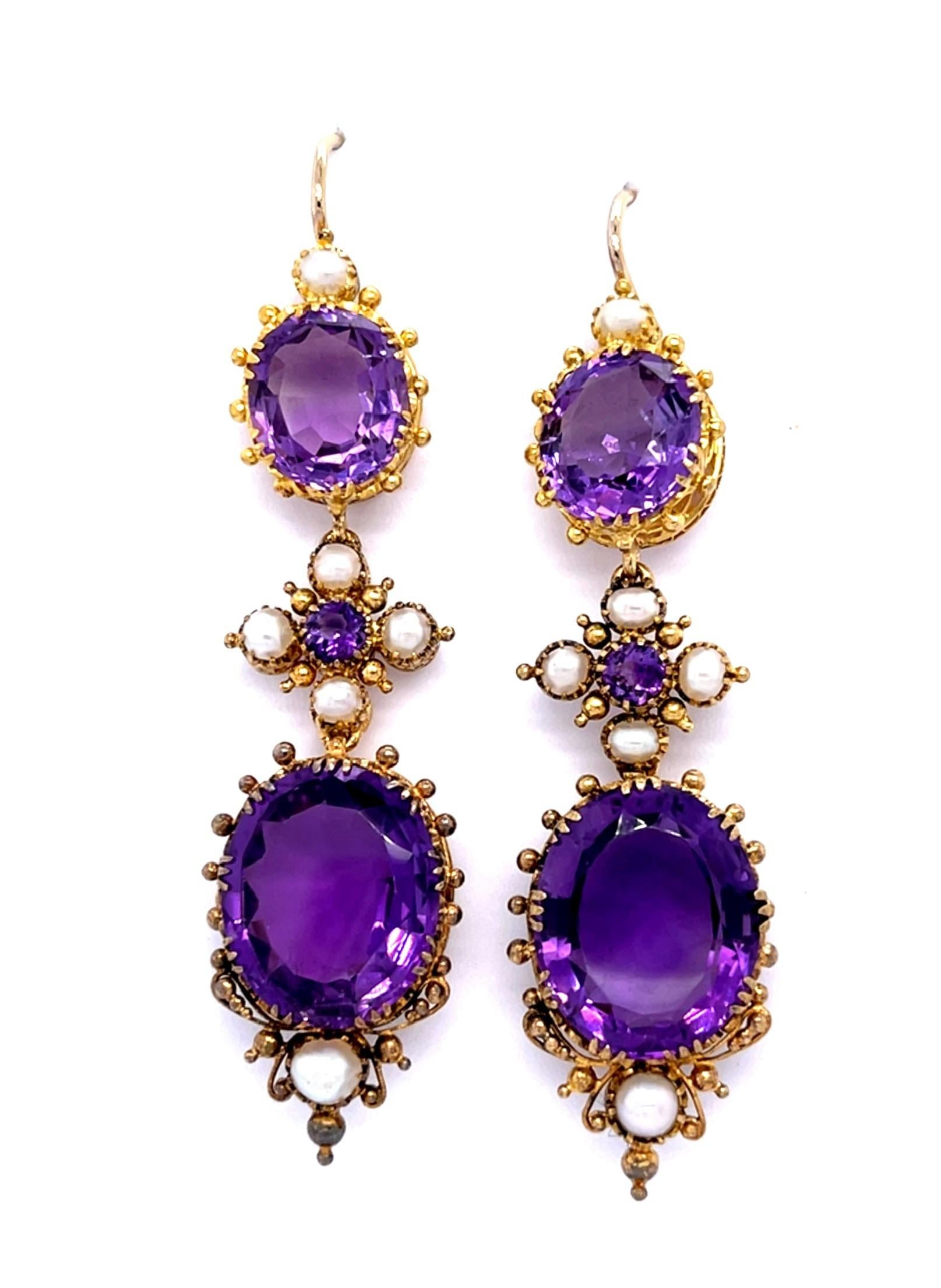 Original Victorian 30ct Amethyst 14KY Drop Earrings (Antique 1890s)