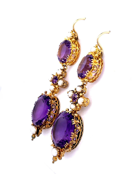 Original Victorian 30ct Amethyst 14KY Drop Earrings (Antique 1890s)