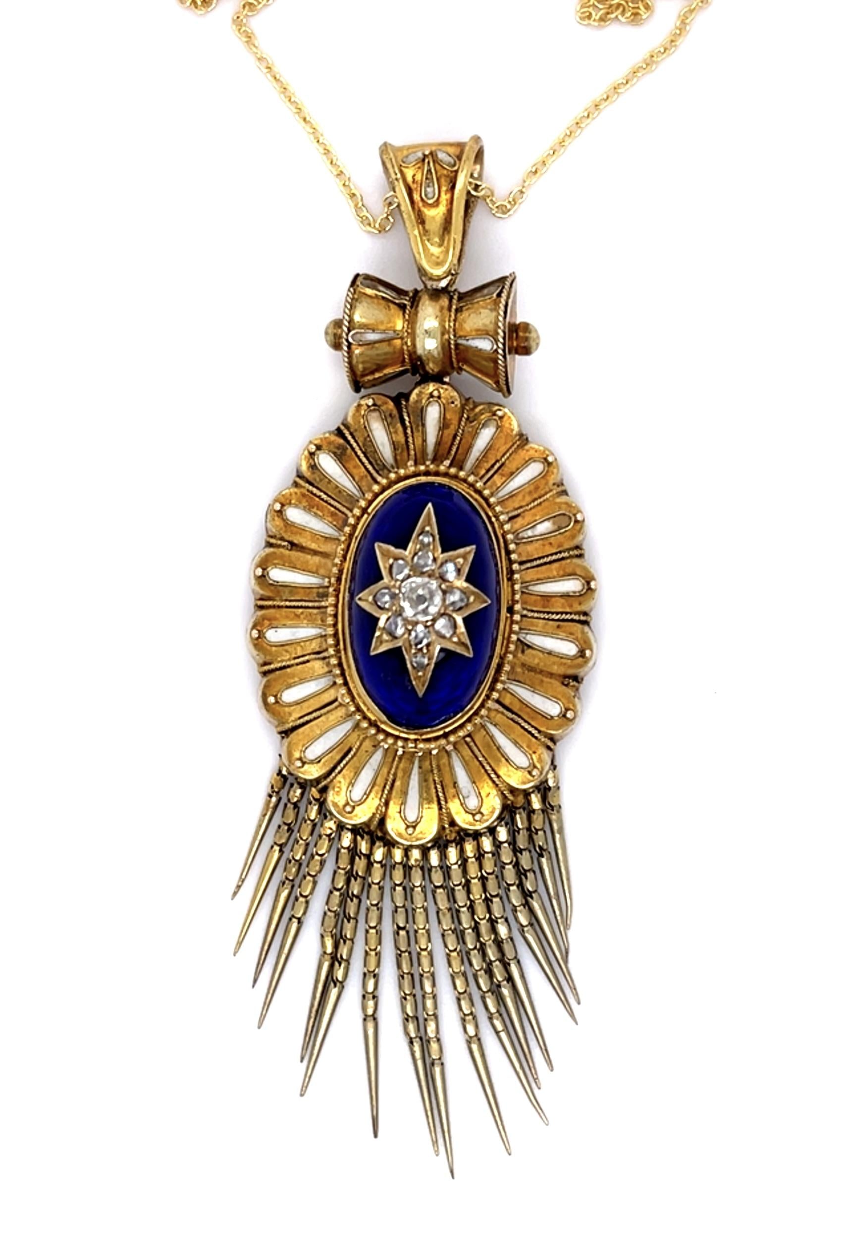 Original Victorian .55ct Old Mine + Rose-cut Diamond+Enamel 14KY Tassle Pendant