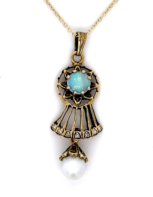 Opal, Diamond + Pearl 14KY Pendant