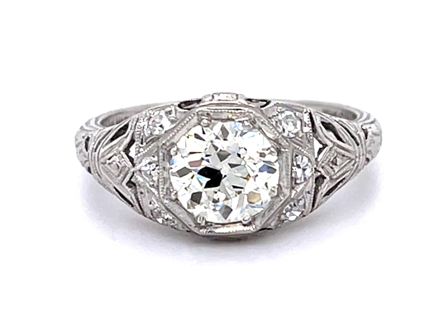 Original Art Deco .90ct European Diamond PT Ring (Antique 1920s)