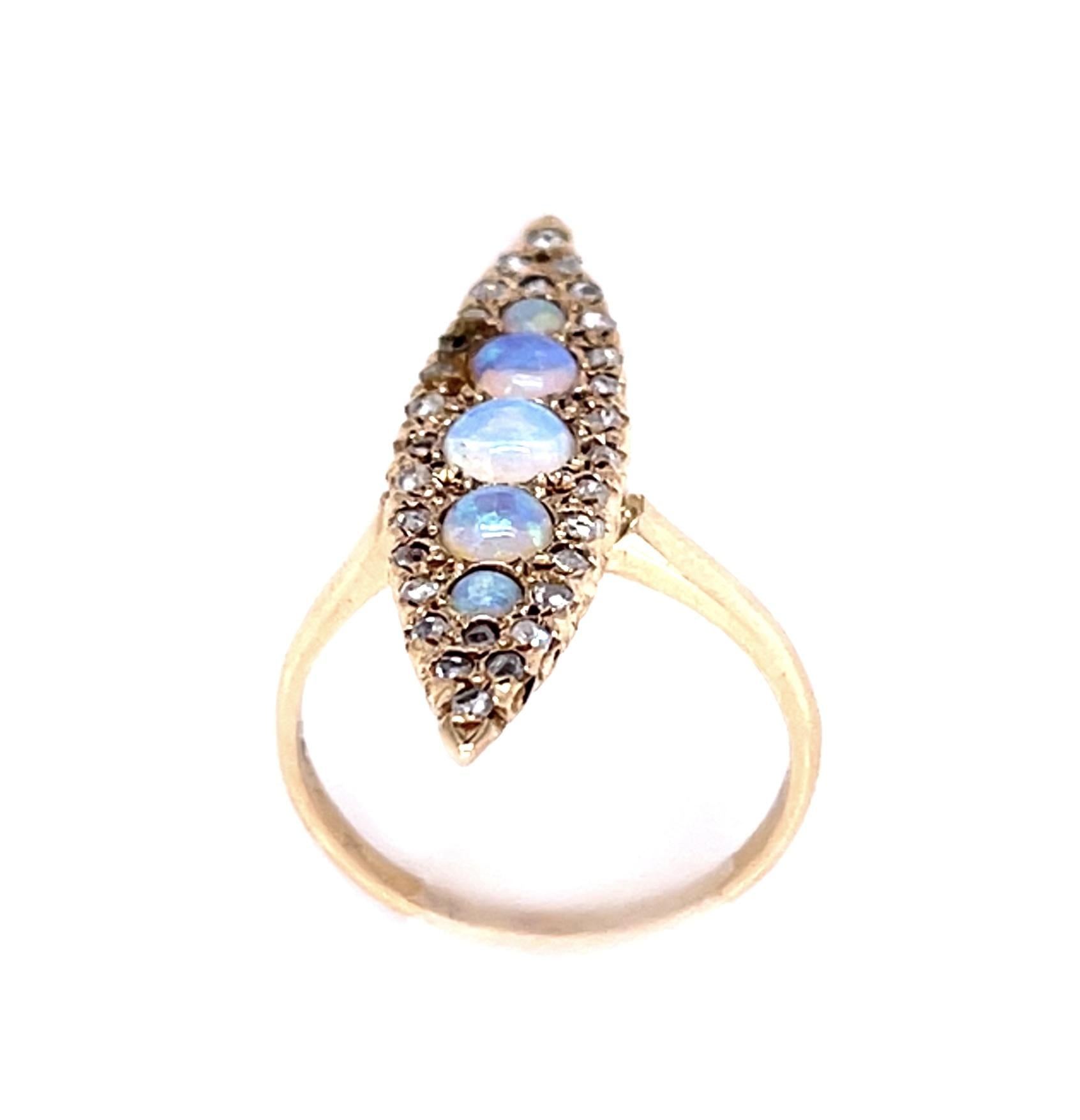 Original Victorian .70ct Opal .70ct Diamond 14KY Navette Ring (Antique 1870s)
