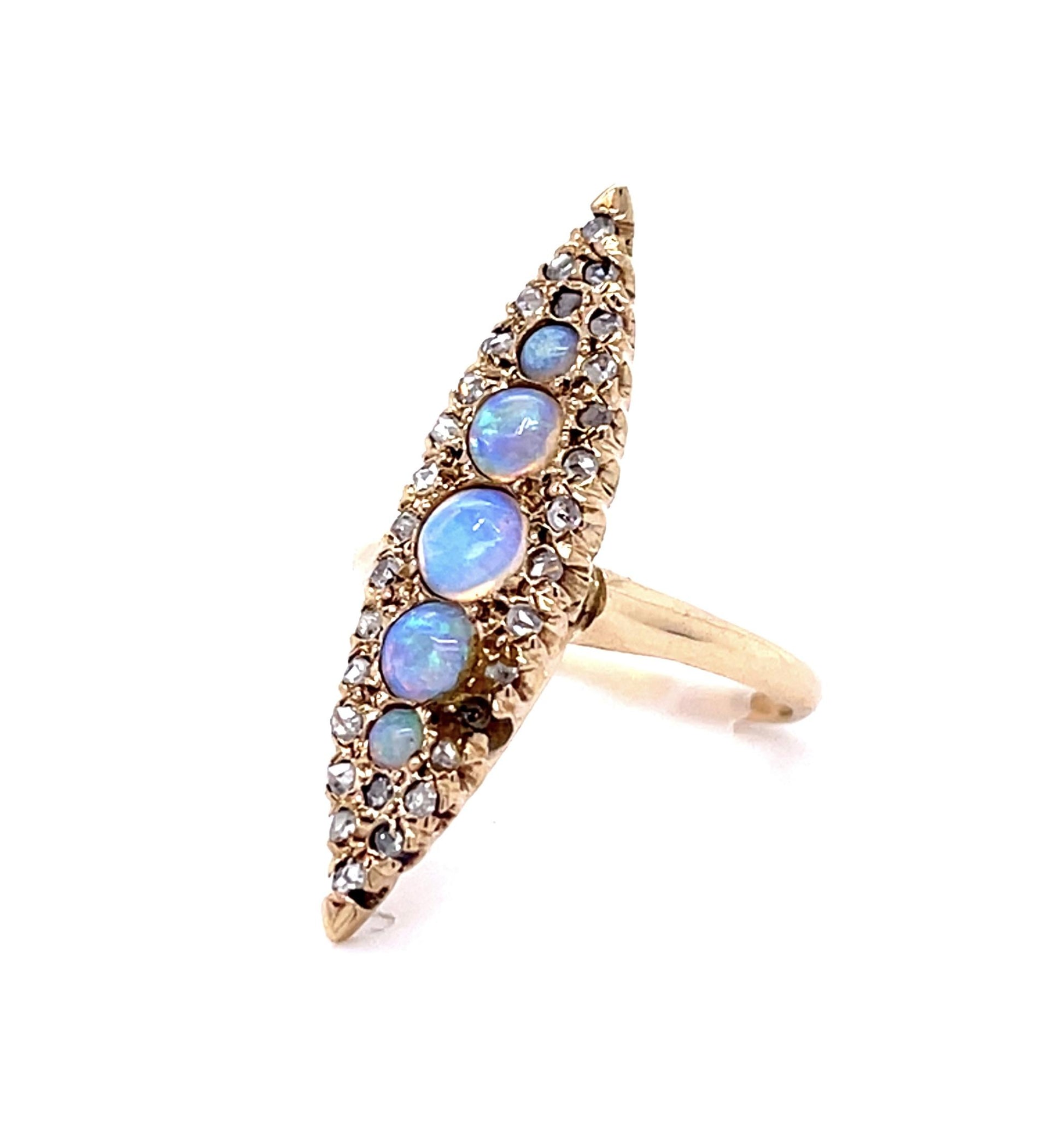 Original Victorian .70ct Opal .70ct Diamond 14KY Navette Ring (Antique 1870s)