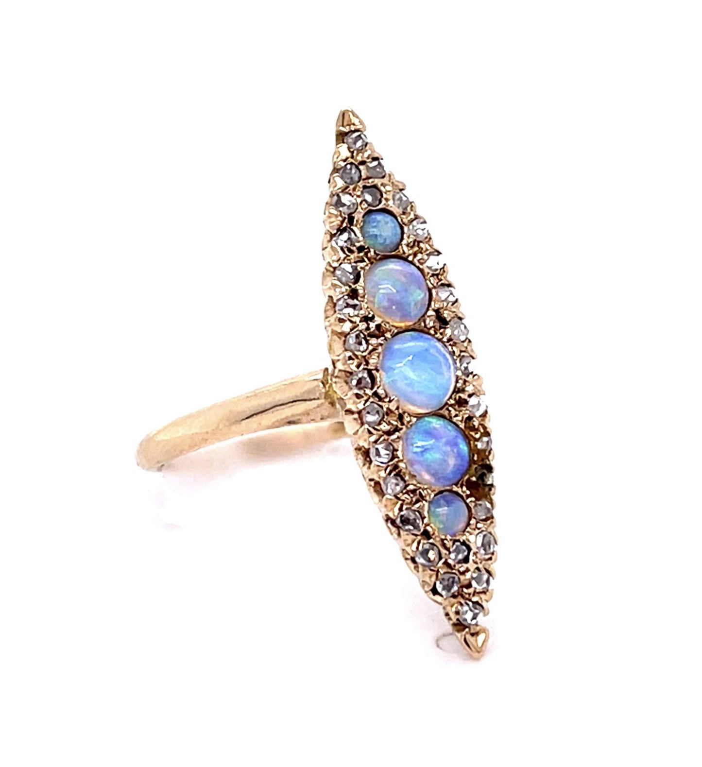 Original Victorian .70ct Opal .70ct Diamond 14KY Navette Ring (Antique 1870s)