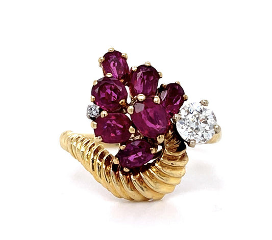 .45ct European Diamond 2.10ct Ruby 14KY Ring (Vintage 1960s)