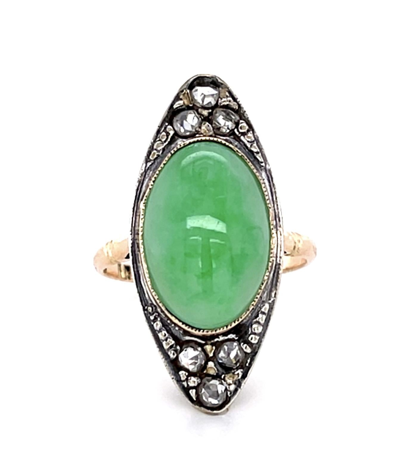 Victorian 6ct Jade 18KY+Silver Ring (Antique 1890s)