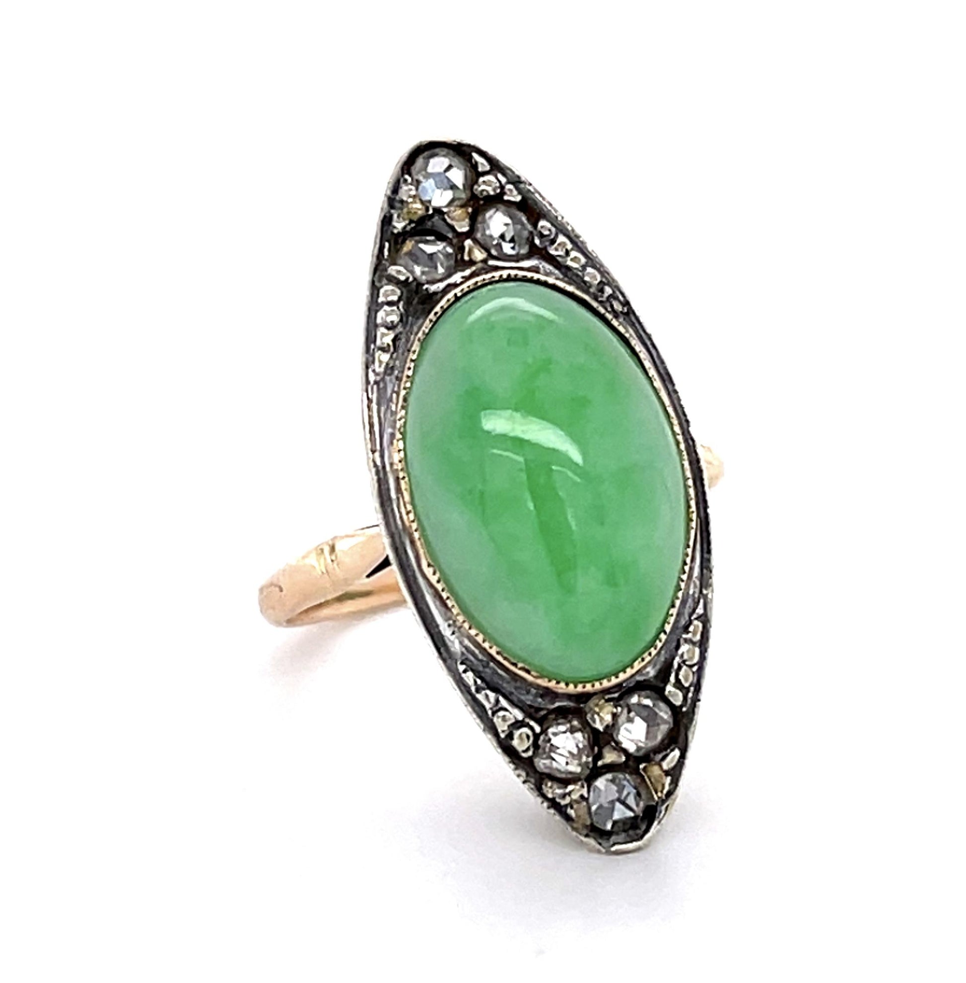 Victorian 6ct Jade 18KY+Silver Ring (Antique 1890s)