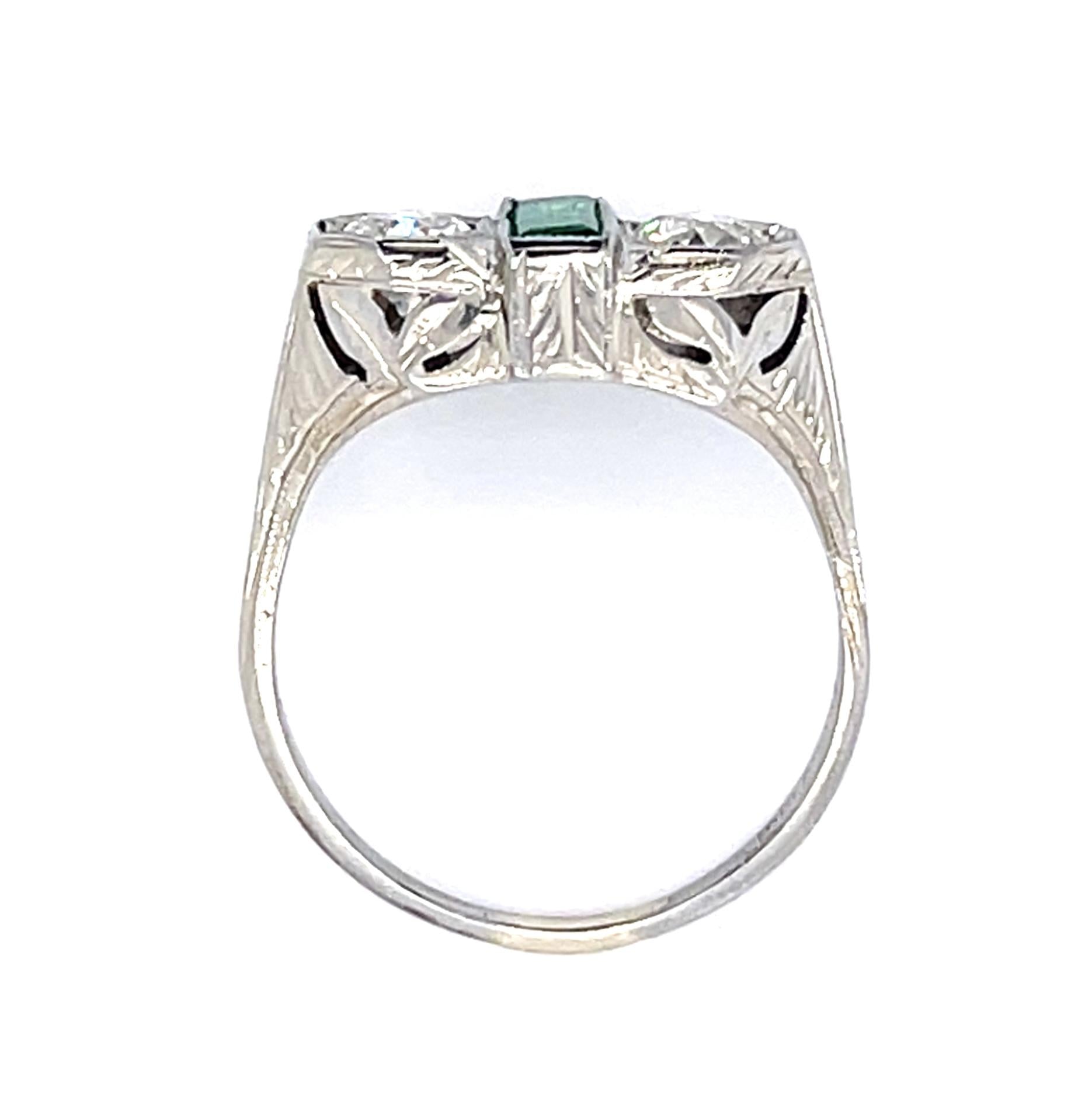 Original Art Deco .32ct Emerald PT Ring (Vintage 1930s) .46ct Euro Diamond