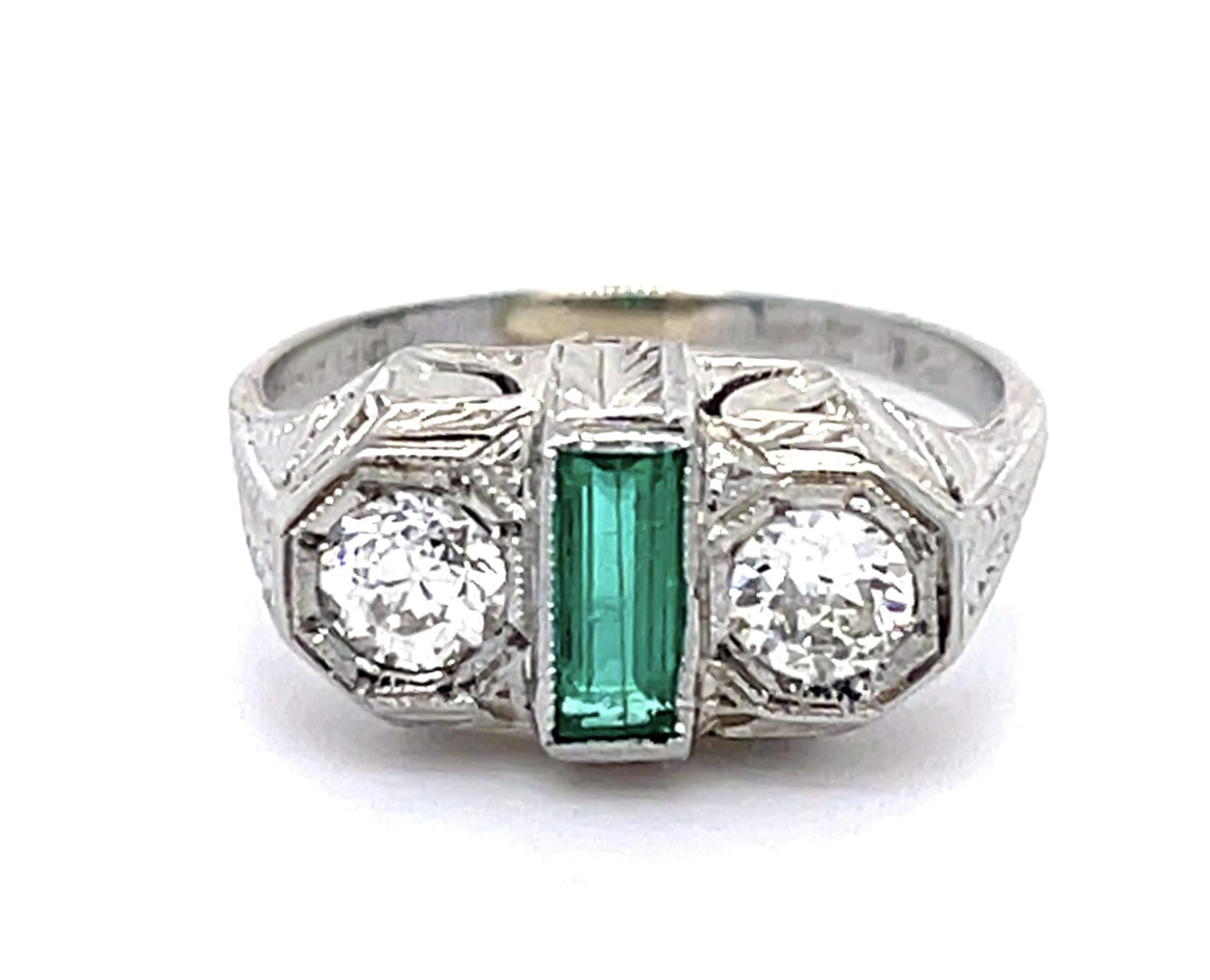 Original Art Deco .32ct Emerald PT Ring (Vintage 1930s) .46ct Euro Diamond
