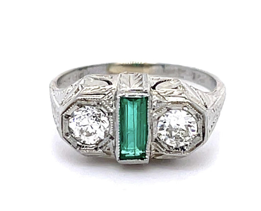 Original Art Deco .32ct Emerald PT Ring (Vintage 1930s) .46ct Euro Diamond