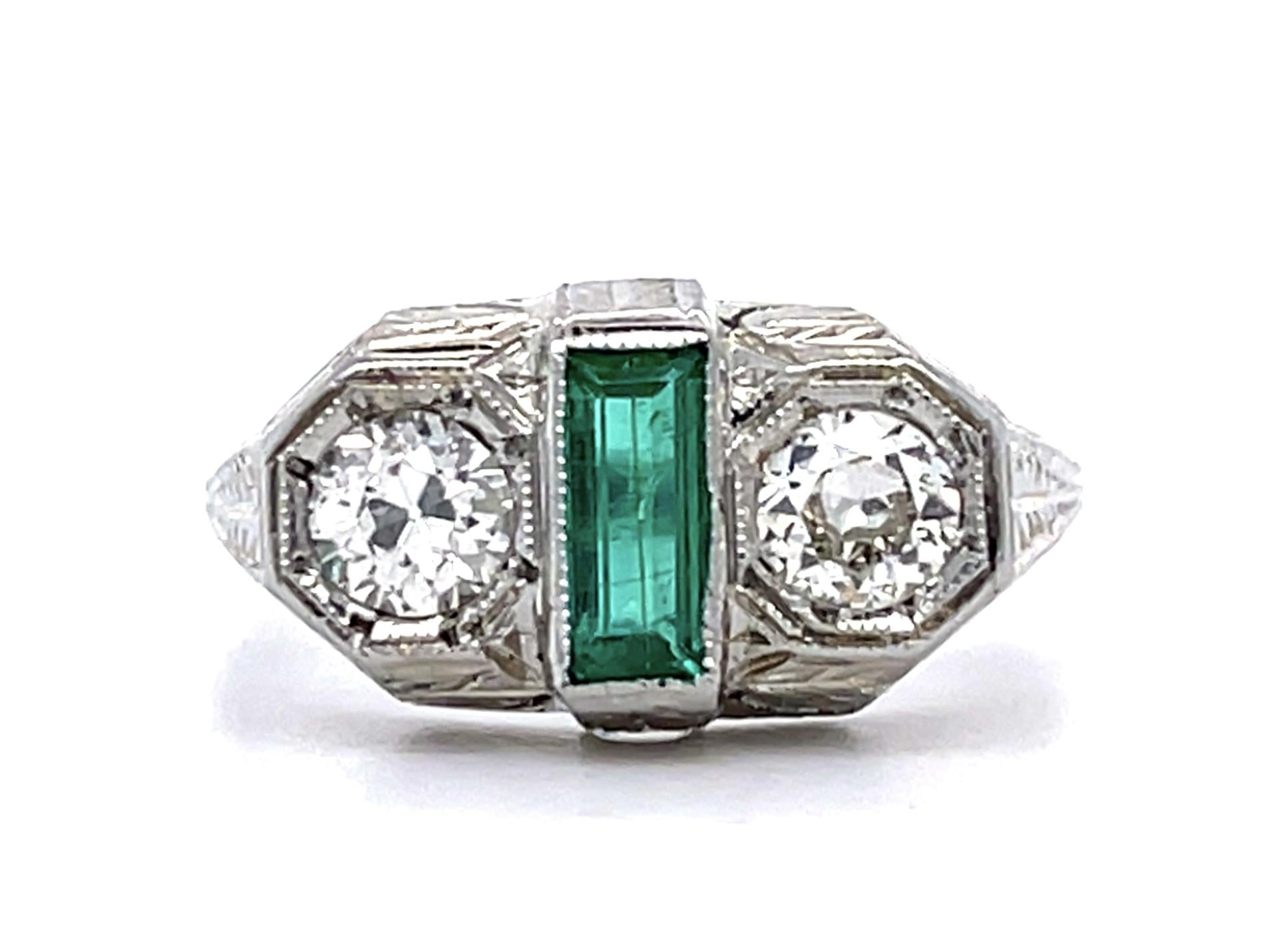 Original Art Deco .32ct Emerald PT Ring (Vintage 1930s) .46ct Euro Diamond