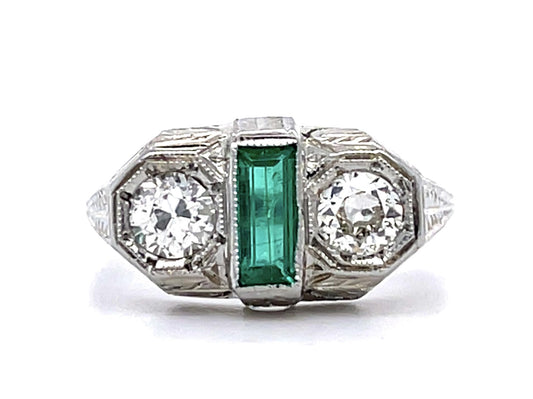 Original Art Deco .32ct Emerald PT Ring (Vintage 1930s) .46ct Euro Diamond