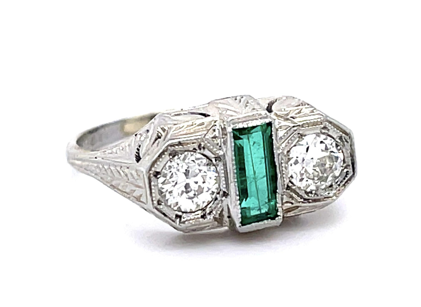 Original Art Deco .32ct Emerald PT Ring (Vintage 1930s) .46ct Euro Diamond