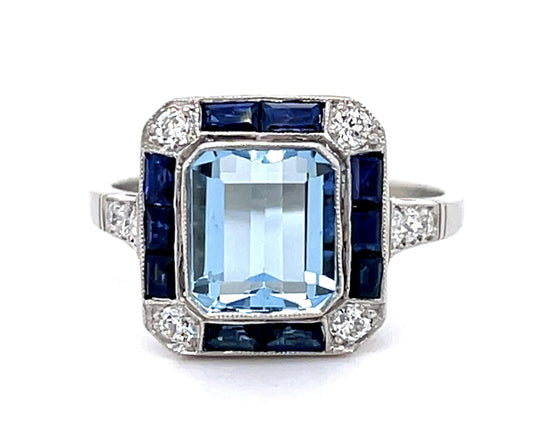 3.20ct Aquamarine PT Handmade Ring 1.40ct Sapphire .40ct Diamond