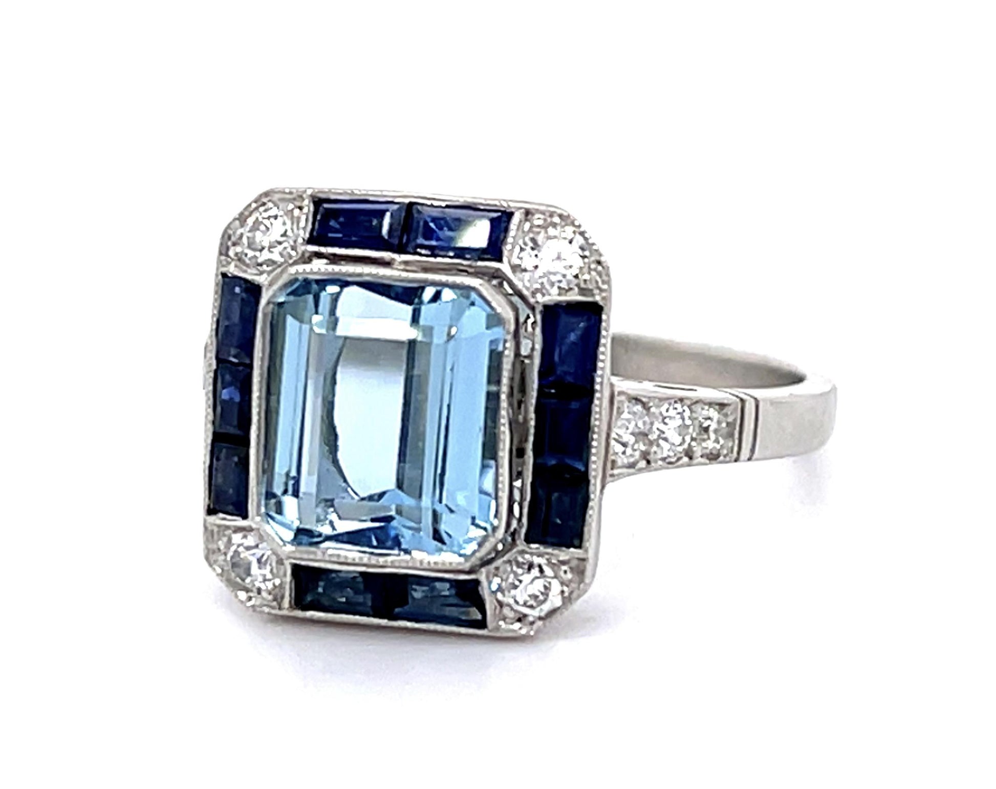 3.20ct Aquamarine PT Handmade Ring 1.40ct Sapphire .40ct Diamond
