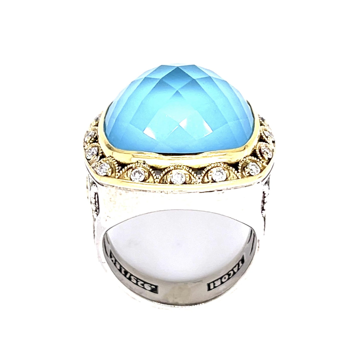 Checkered Cabochon Blue Stone 18KY+Silver Designer Ring