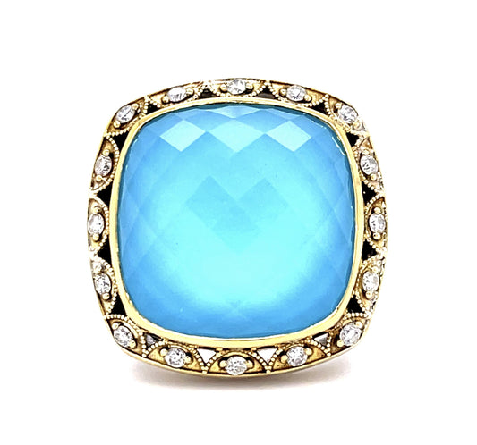 Checkered Cabochon Blue Stone 18KY+Silver Designer Ring