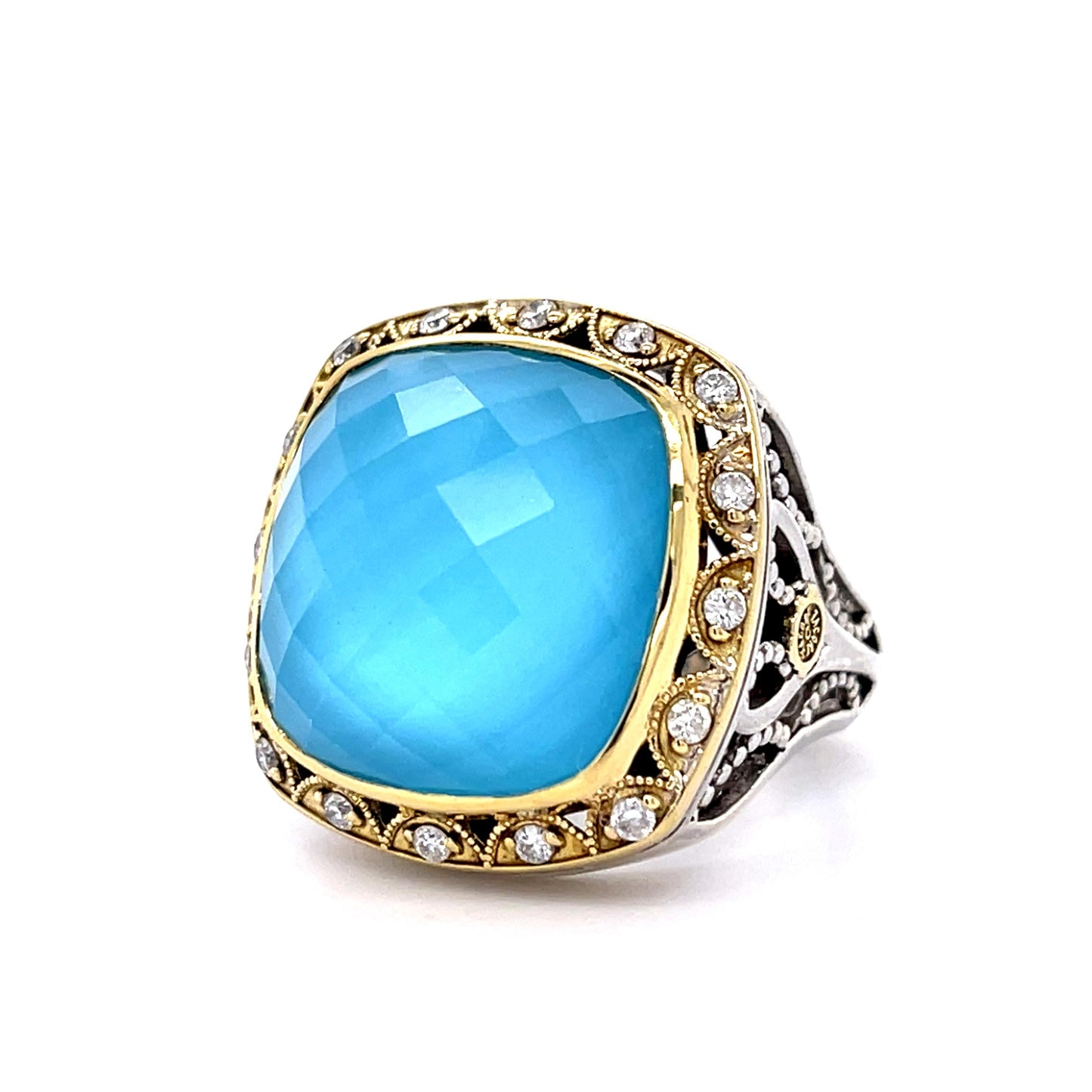 Checkered Cabochon Blue Stone 18KY+Silver Designer Ring