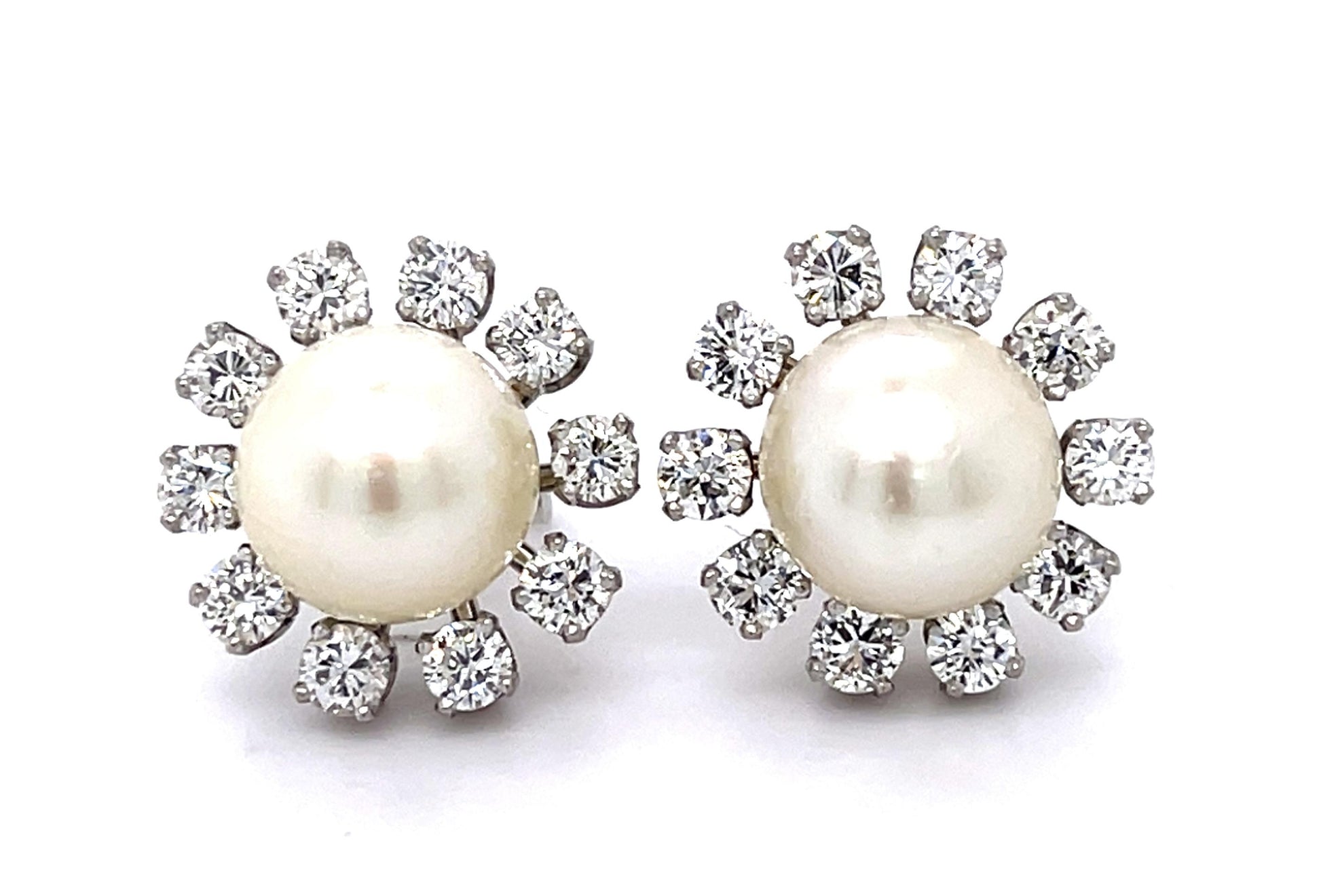 Pearl + 2.60ct Diamond 14KW Stud Earrings (Vintage 1960s)