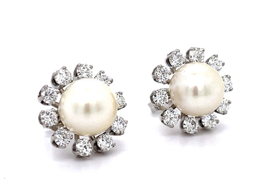 Pearl + 2.60ct Diamond 14KW Stud Earrings (Vintage 1960s)