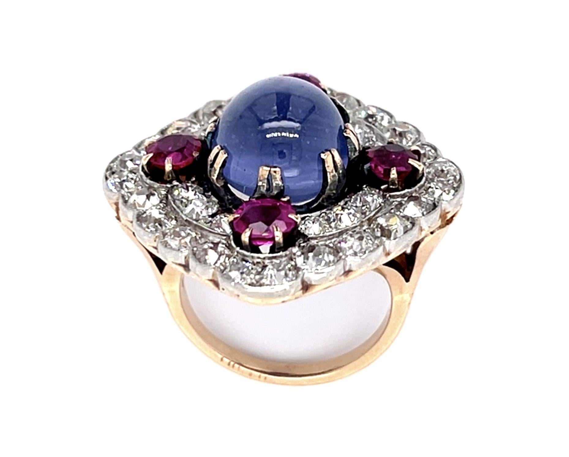 Original Retro 11ct Star Sapphire 5ct Old Mine Diamond 2ct Ruby PT+14KY Ring