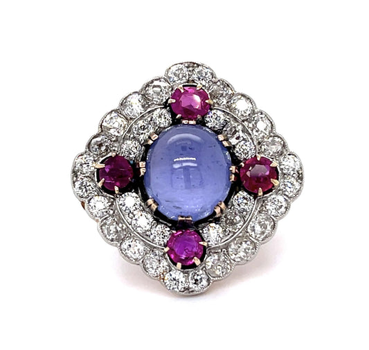 Original Retro 11ct Star Sapphire 5ct Old Mine Diamond 2ct Ruby PT+14KY Ring