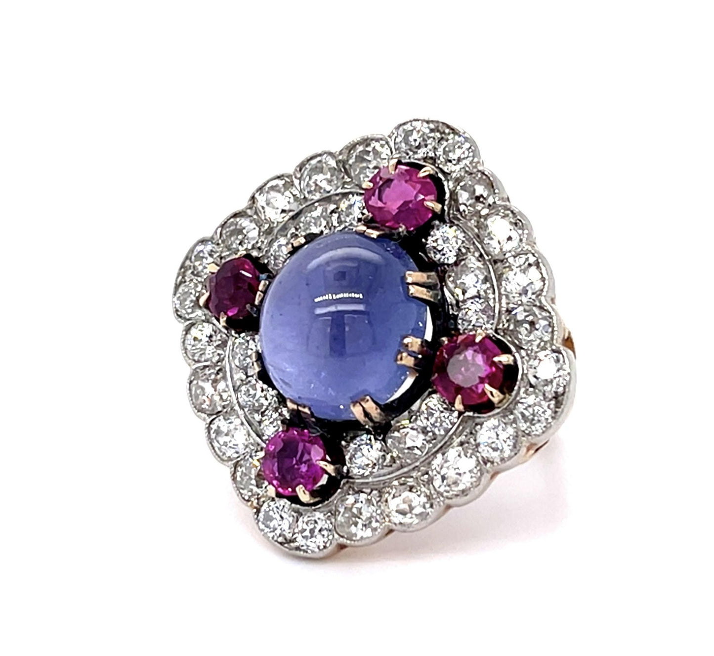 Original Retro 11ct Star Sapphire 5ct Old Mine Diamond 2ct Ruby PT+14KY Ring