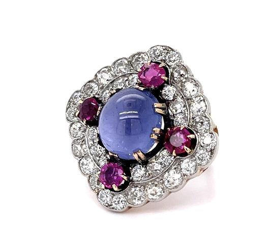 Original Retro 11ct Star Sapphire 5ct Old Mine Diamond 2ct Ruby PT+14KY Ring