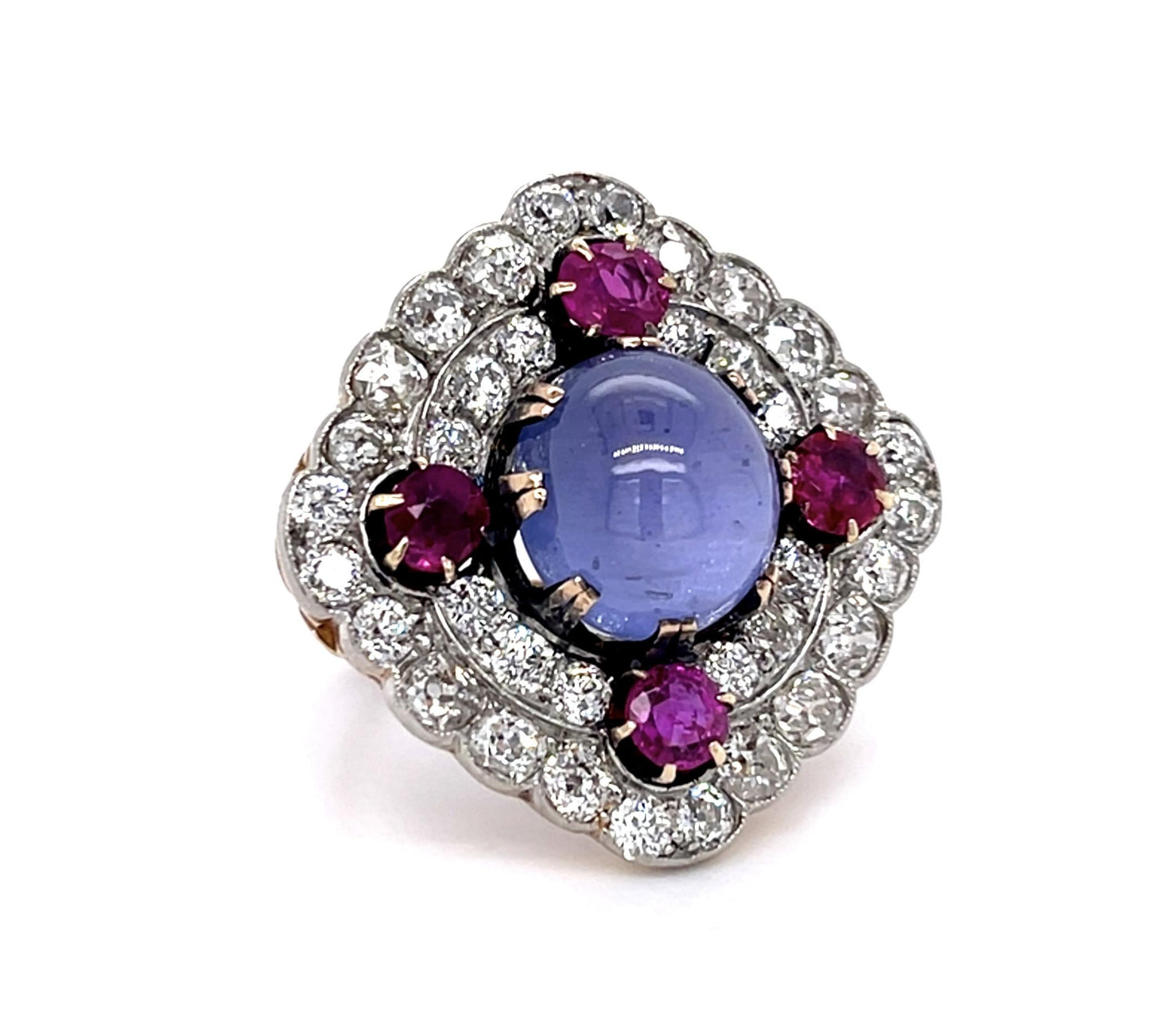 Original Retro 11ct Star Sapphire 5ct Old Mine Diamond 2ct Ruby PT+14KY Ring