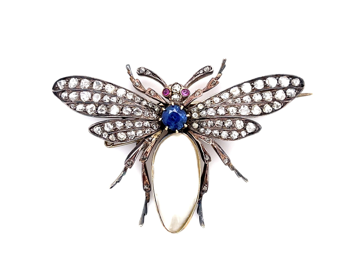 Original Victorian Baroque Pearl .70ct Sap 3.75ct Dia 14KY+Silver Bug Brooch