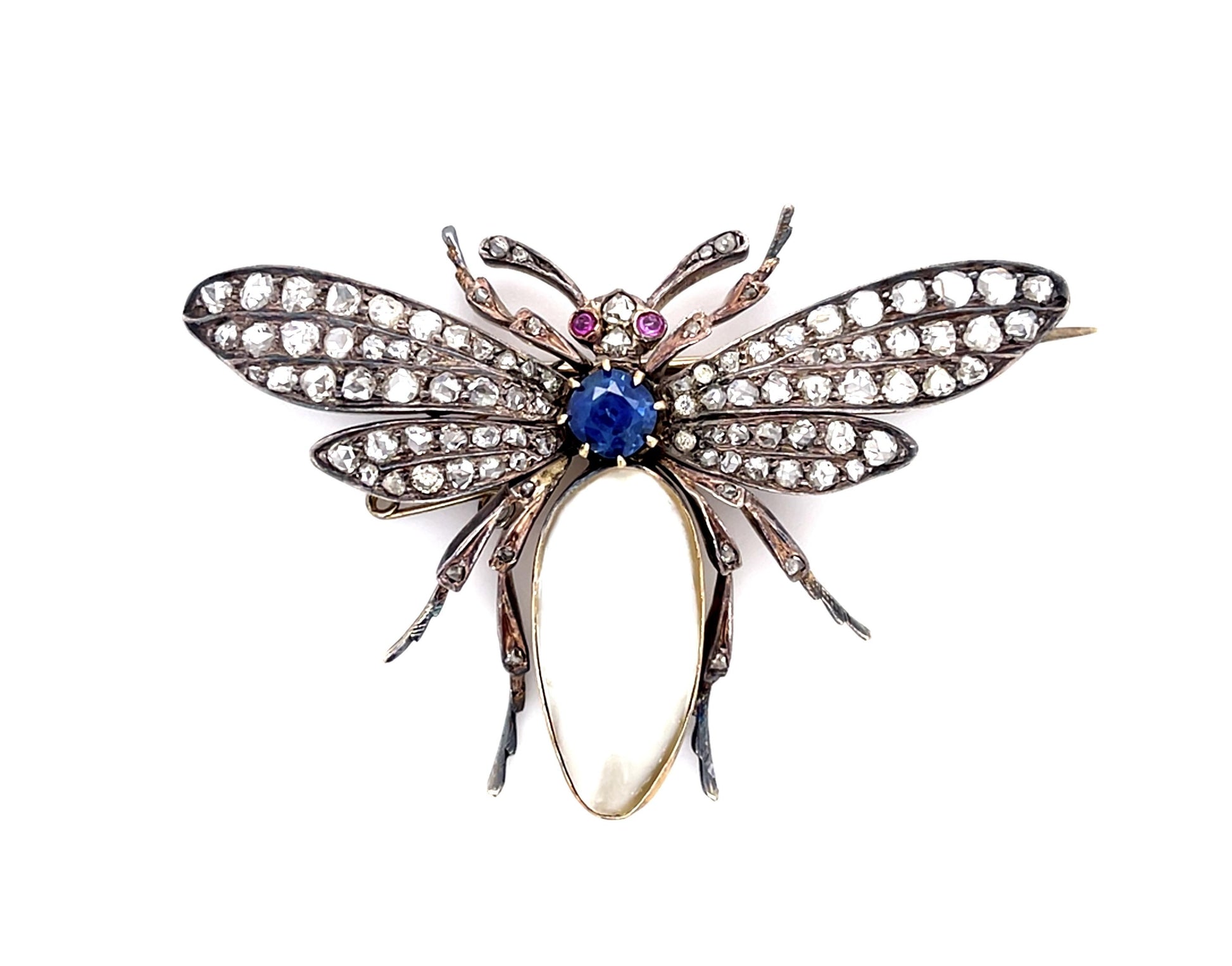 Original Victorian Baroque Pearl .70ct Sap 3.75ct Dia 14KY+Silver Bug Brooch