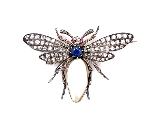 Original Victorian Baroque Pearl .70ct Sap 3.75ct Dia 14KY+Silver Bug Brooch