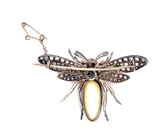 Original Victorian Baroque Pearl .70ct Sap 3.75ct Dia 14KY+Silver Bug Brooch