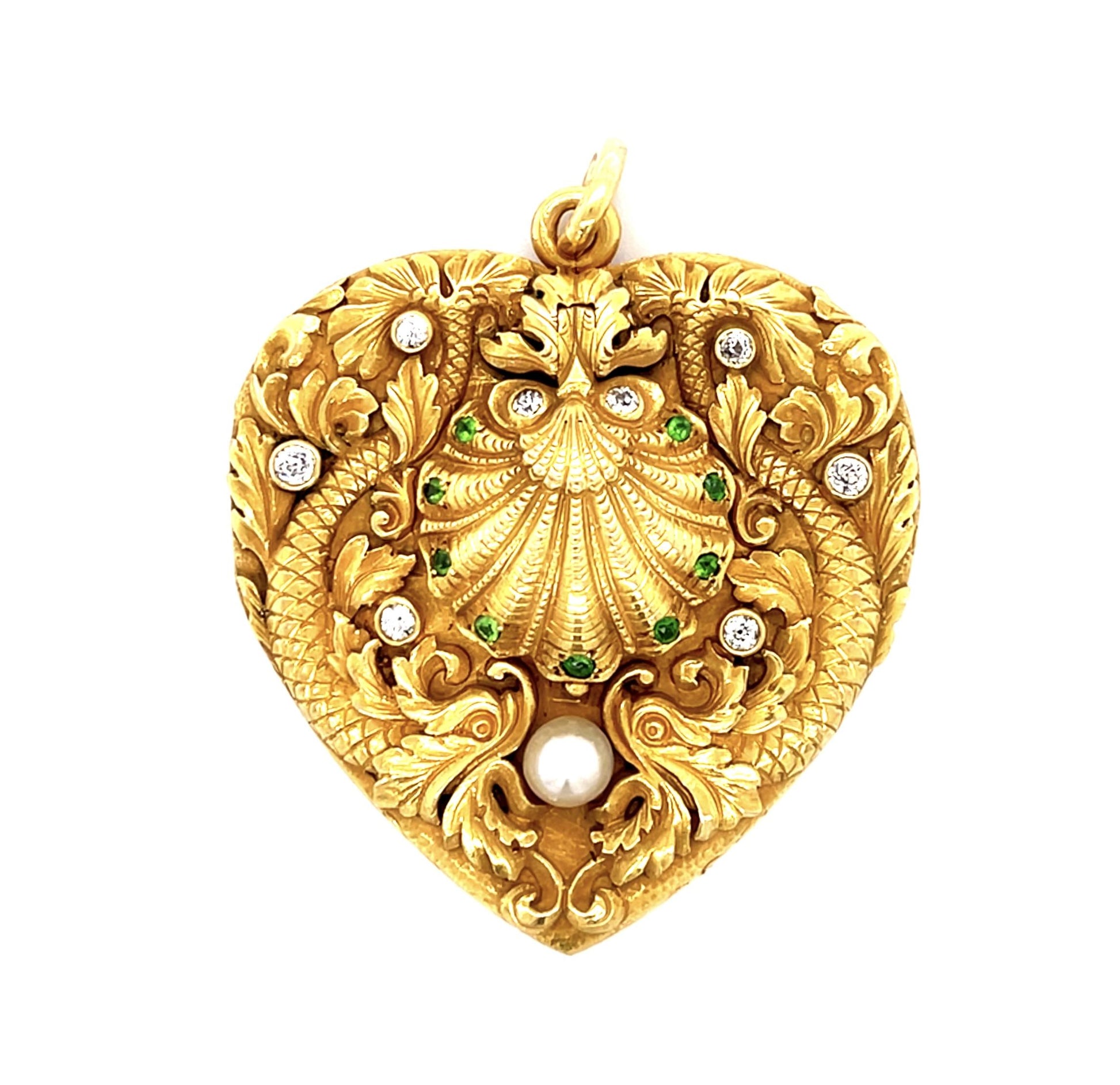 Original Victorian .40ct Dia .30ct Demantoid Garnet Ocean 14KY Locket Pendant