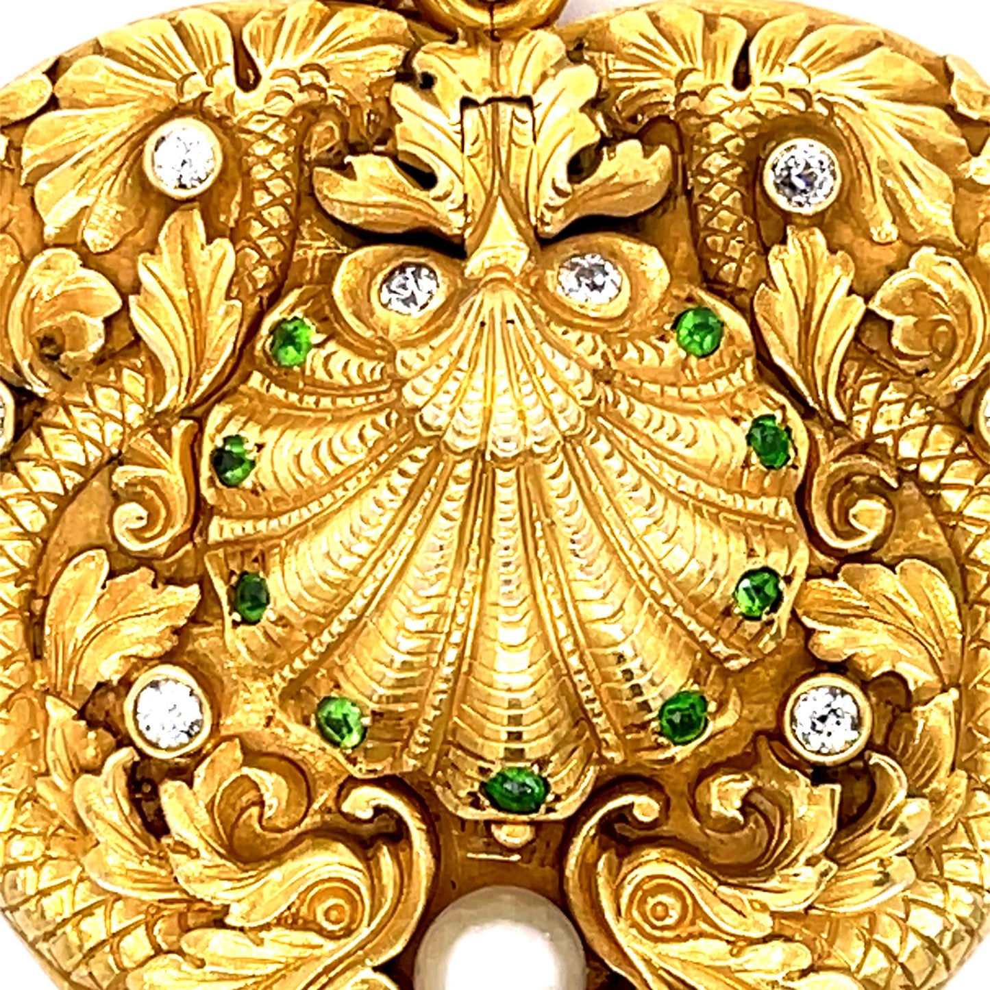 Original Victorian .40ct Dia .30ct Demantoid Garnet Ocean 14KY Locket Pendant