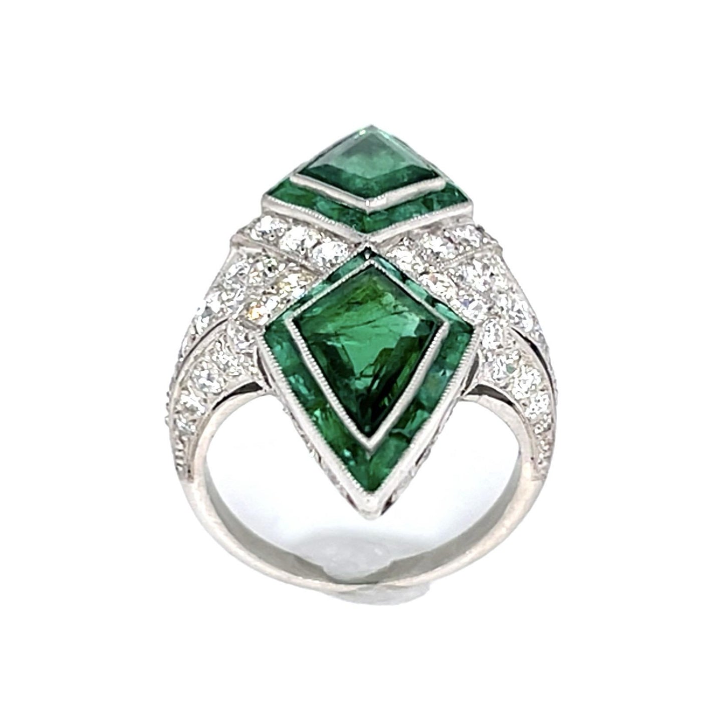 2.56ct Kite Emeralds PT Handmade Ring 1.40ct (58 Old Mine Diamonds)