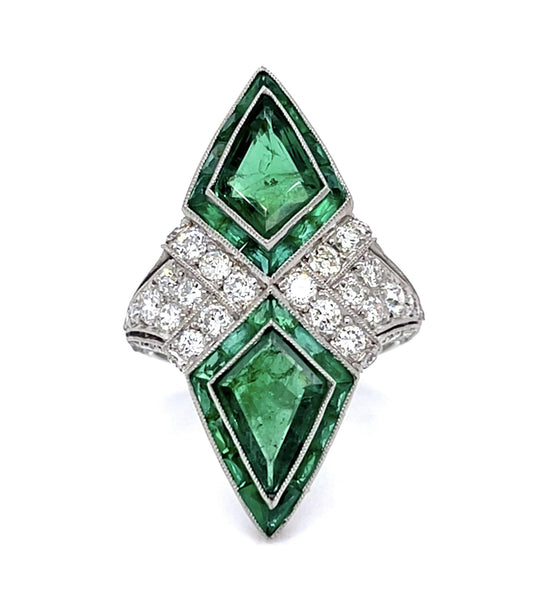 2.56ct Kite Emeralds PT Handmade Ring 1.40ct (58 Old Mine Diamonds)