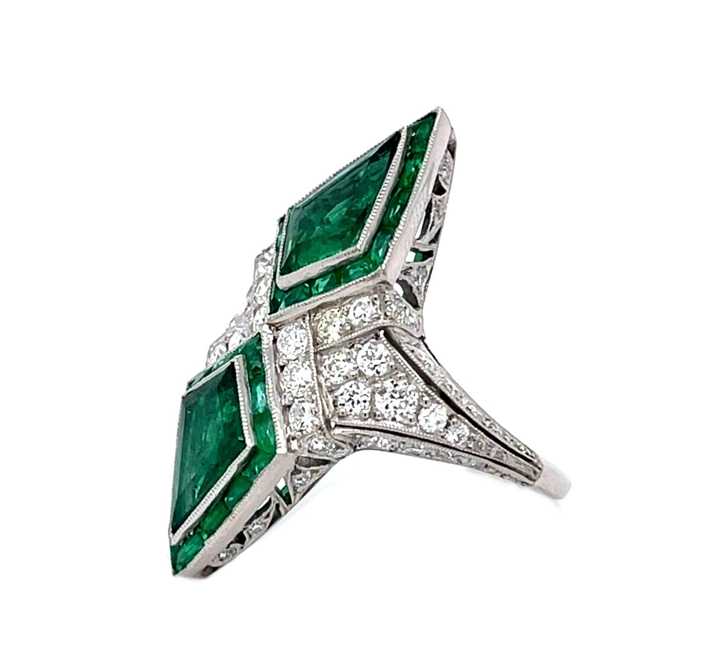 2.56ct Kite Emeralds PT Handmade Ring 1.40ct (58 Old Mine Diamonds)