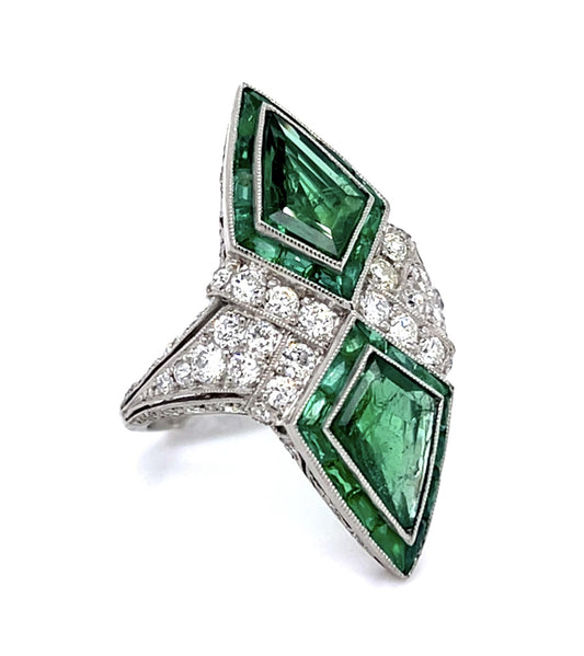 2.56ct Kite Emeralds PT Handmade Ring 1.40ct (58 Old Mine Diamonds)