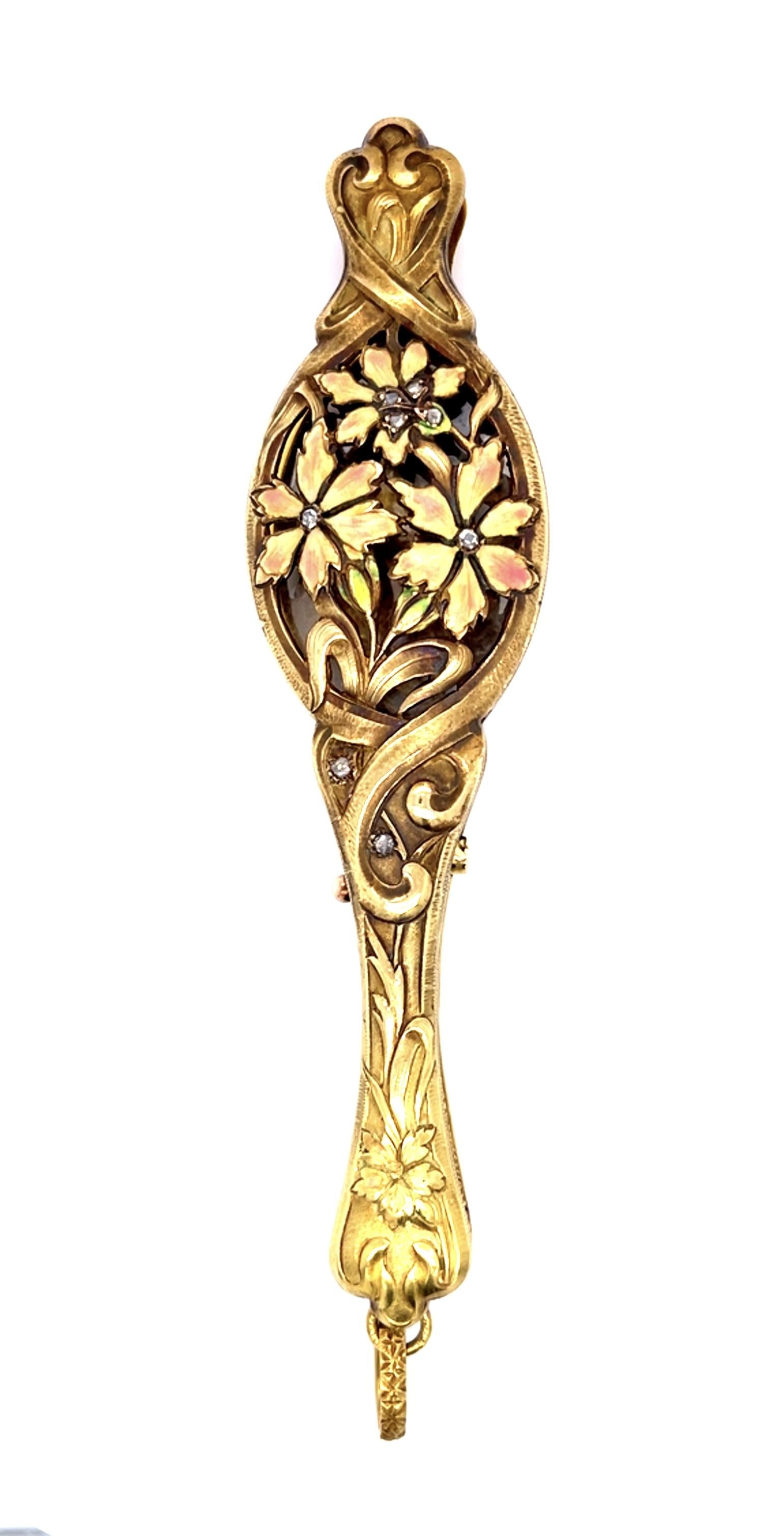 Original Art Nouveau Diamond and Enamel 14KY Lorgnette Glasses Pendant