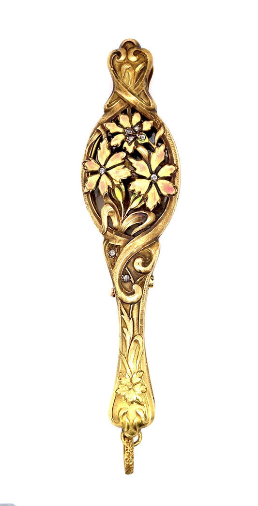 Original Art Nouveau Diamond and Enamel 14KY Lorgnette Glasses Pendant