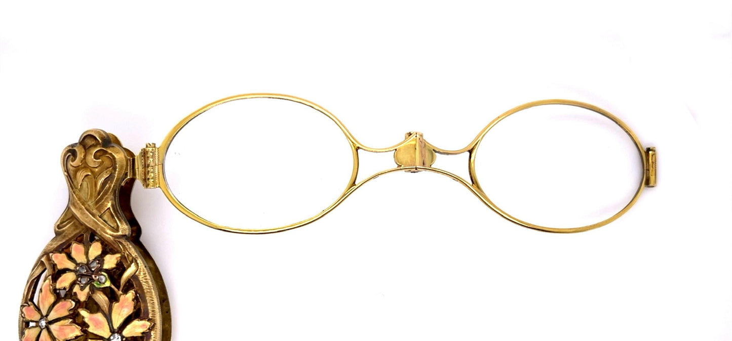 Original Art Nouveau Diamond and Enamel 14KY Lorgnette Glasses Pendant