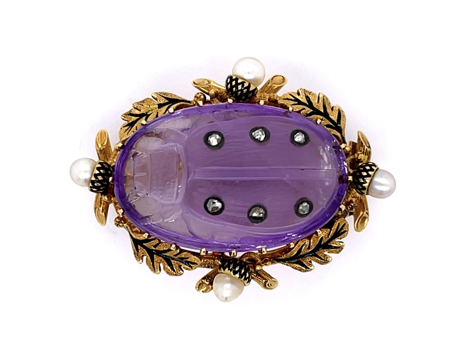 Original Victorian Carved Scarab Amethyst Natural Pearl 18KY Brooch