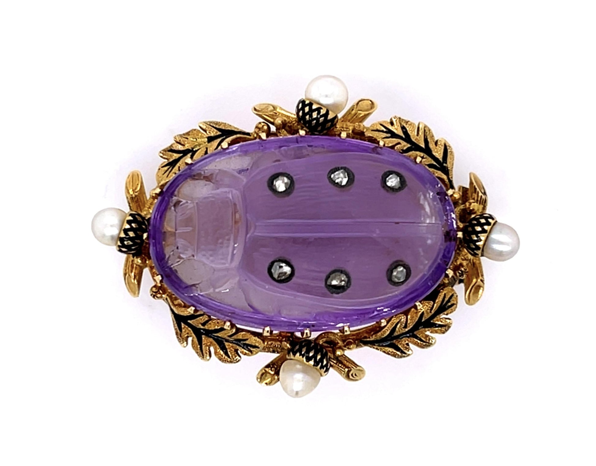 Original Victorian Carved Scarab Amethyst Natural Pearl 18KY Brooch