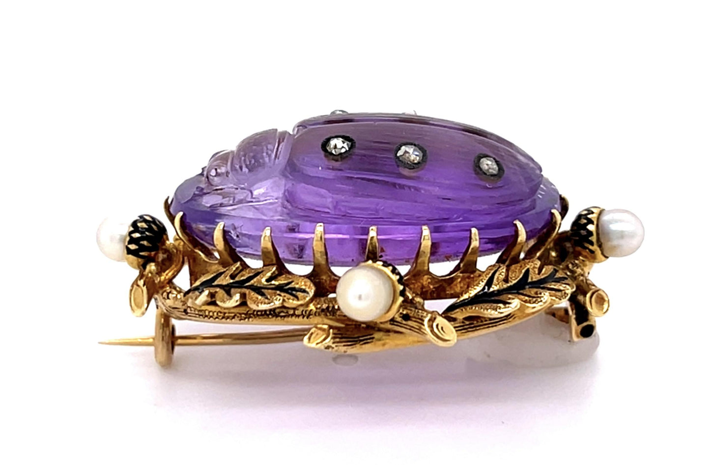 Original Victorian Carved Scarab Amethyst Natural Pearl 18KY Brooch