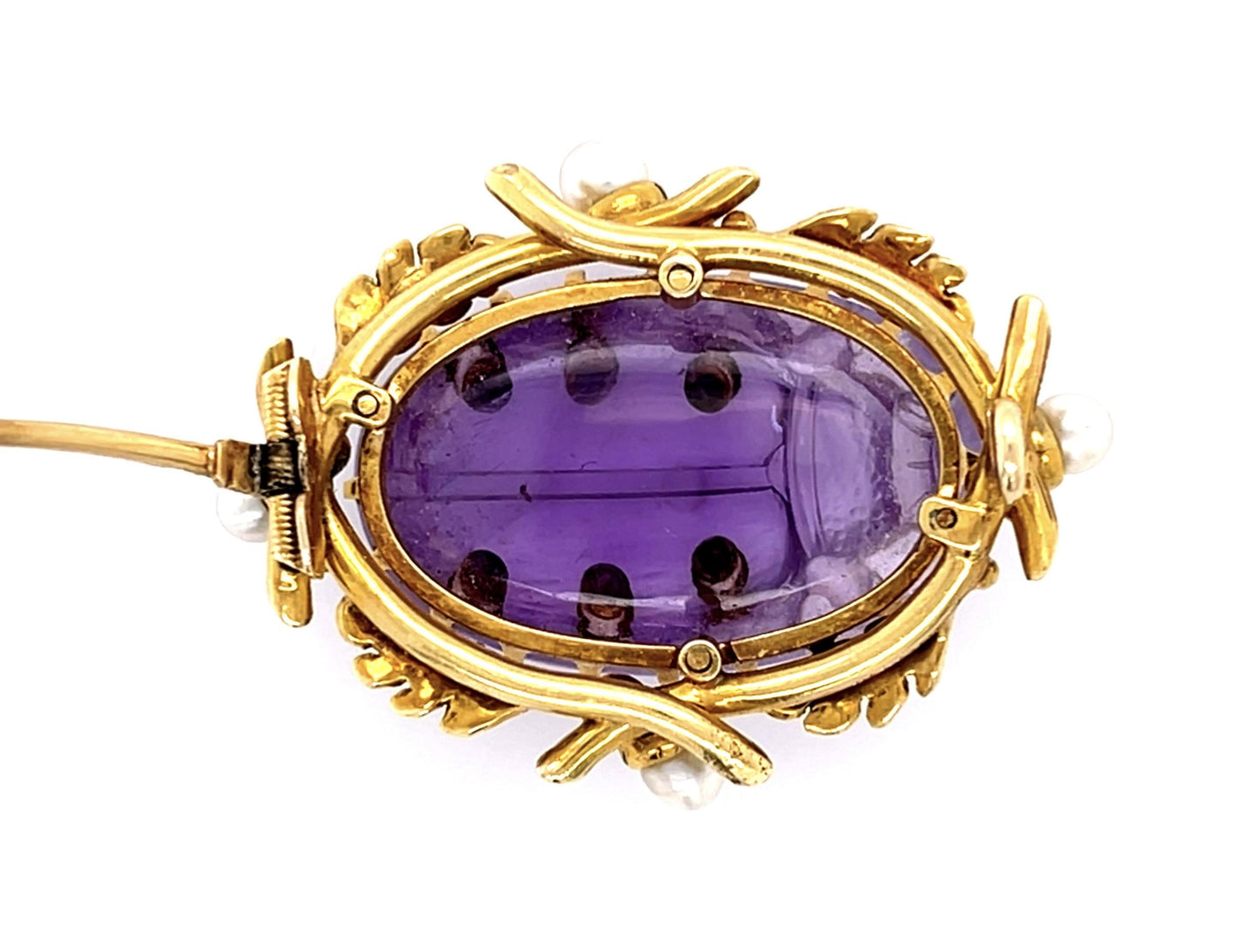 Original Victorian Carved Scarab Amethyst Natural Pearl 18KY Brooch